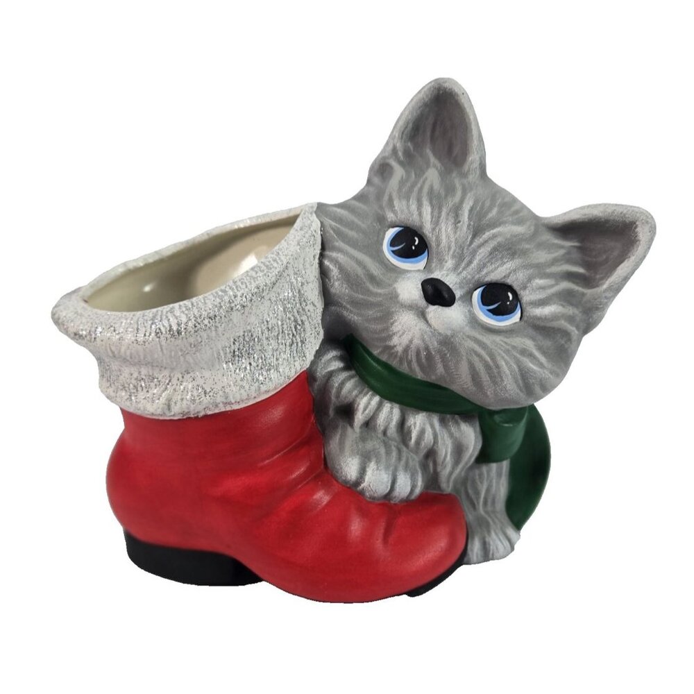 Ceramic Christmas Cat With Red Santa Boot Planter